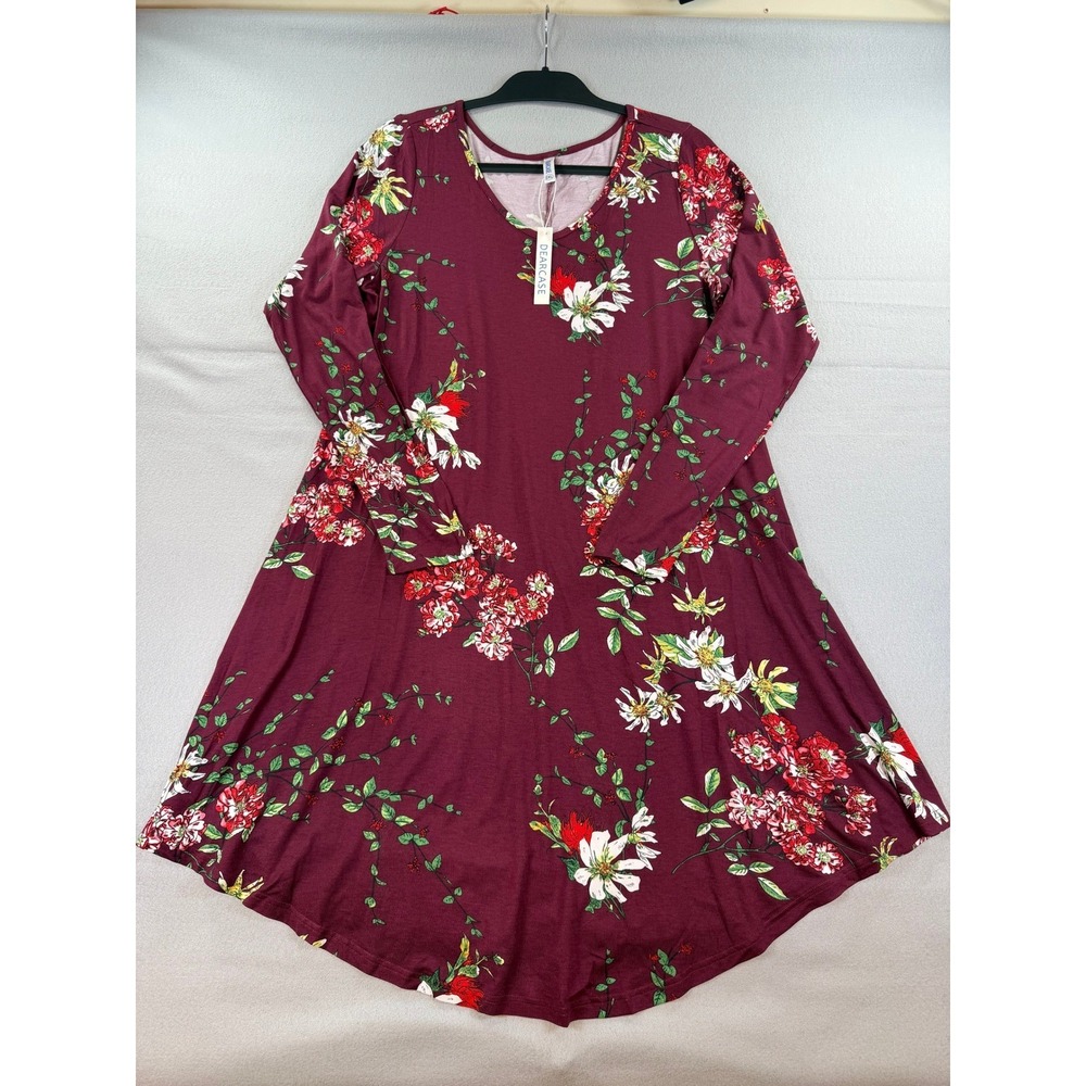 Dearcase Womens 2XL Burgundy Floral V-Neck Long Sleeve Swing Tunic Dress Pockets